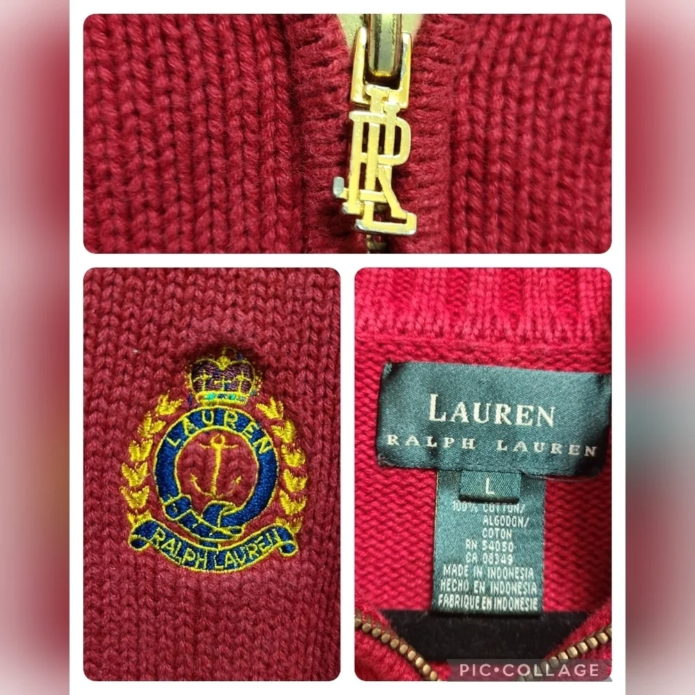 Lauren Ralph‎ Lauren Cotton Long Sleeve Crest Red Sweater Mens Large VTG EUC